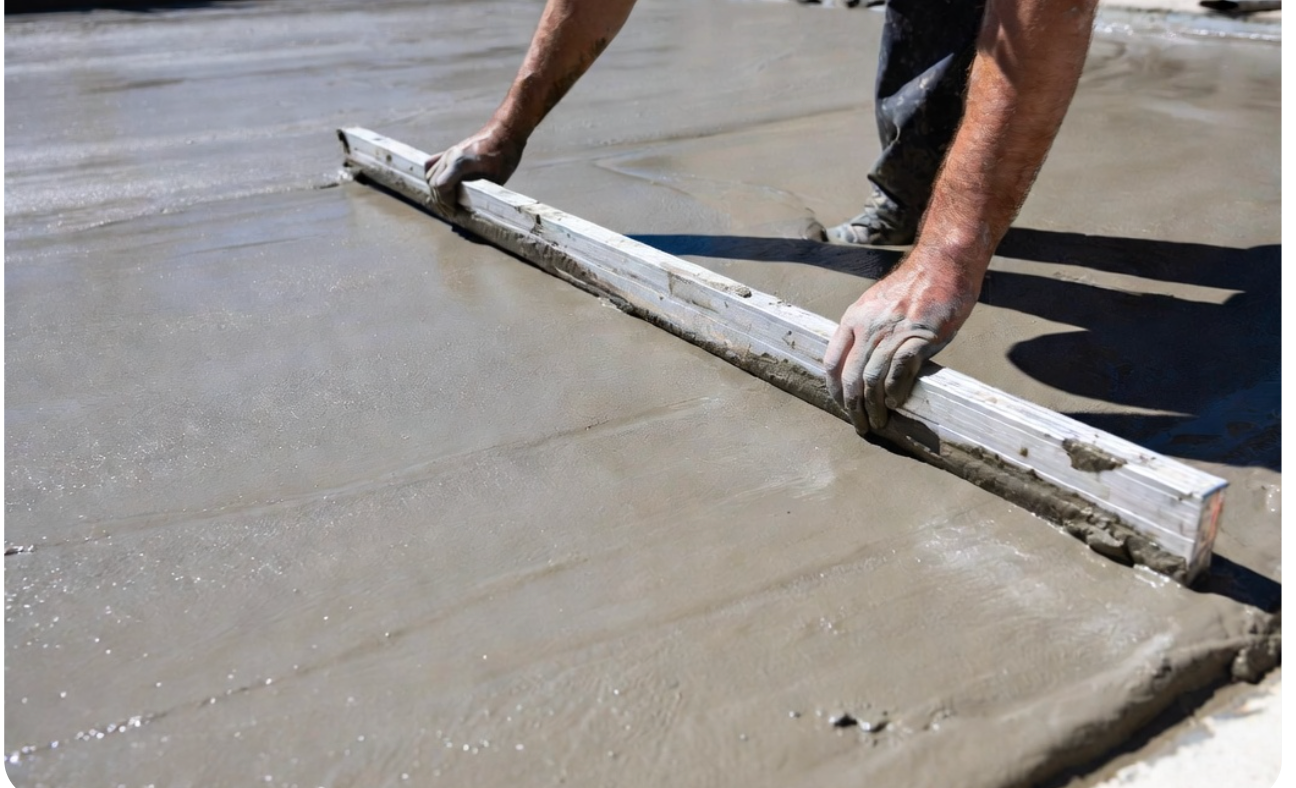 Workers screeding fresh concrete patio slab in Renton WA