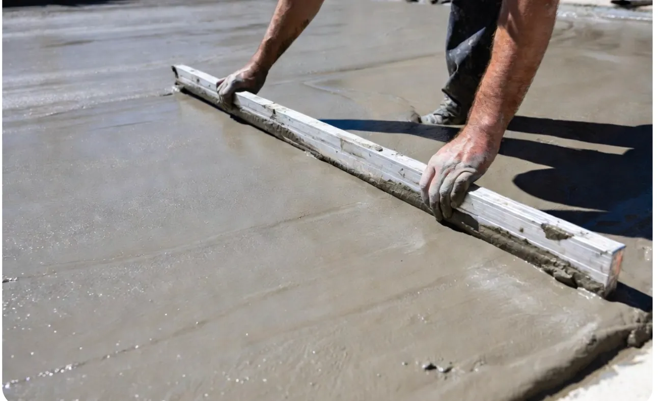 Workers screeding fresh concrete patio slab in Renton WA